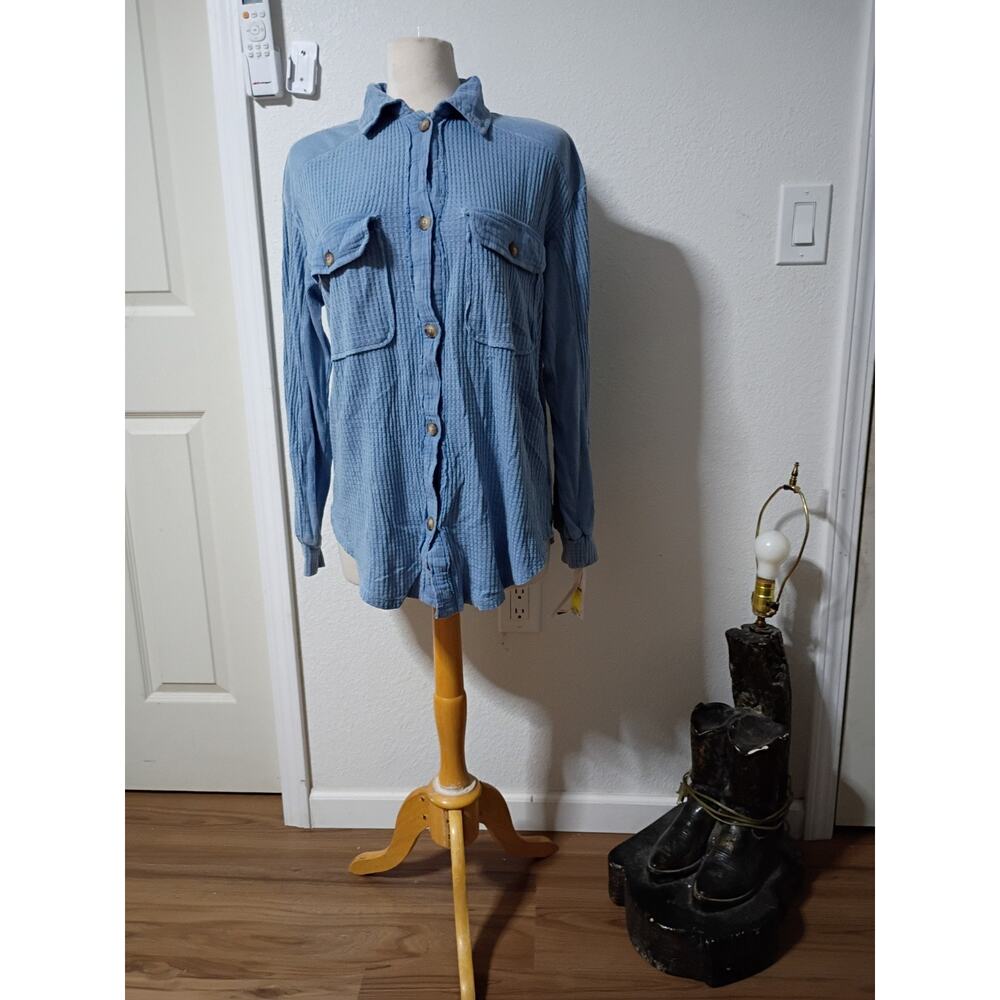 NWT Sonoma Waffle Button Shirt Small Oversized Long Sleeve Blue
